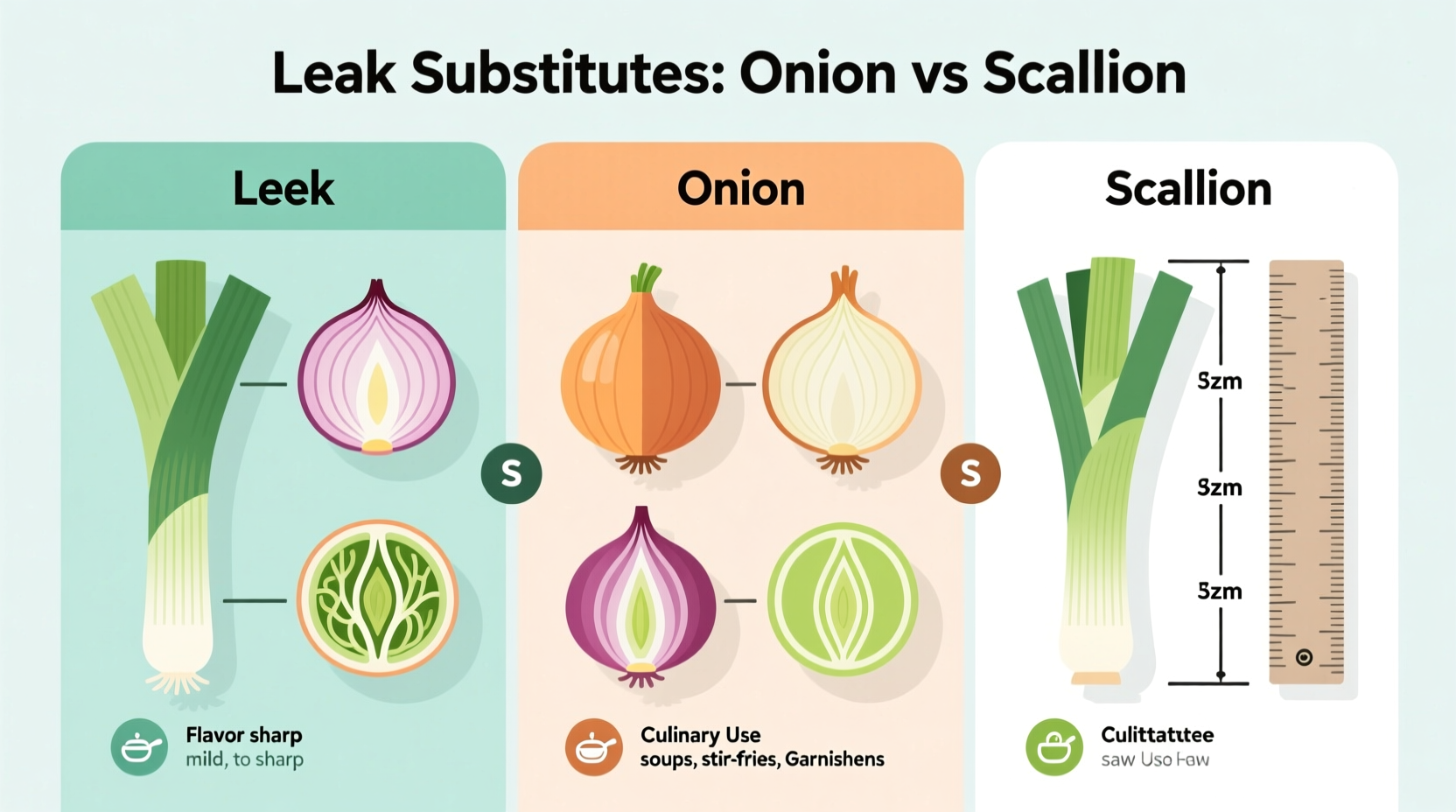 Leek substitute comparison chart showing onions and scallions