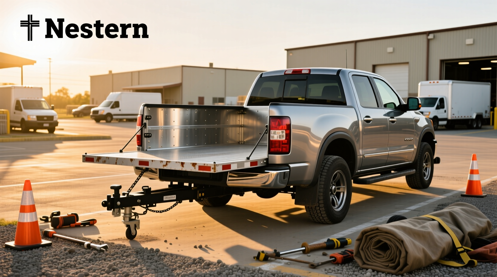 Close-up view of flatbed trailer frame showing dual axles and tie-down points