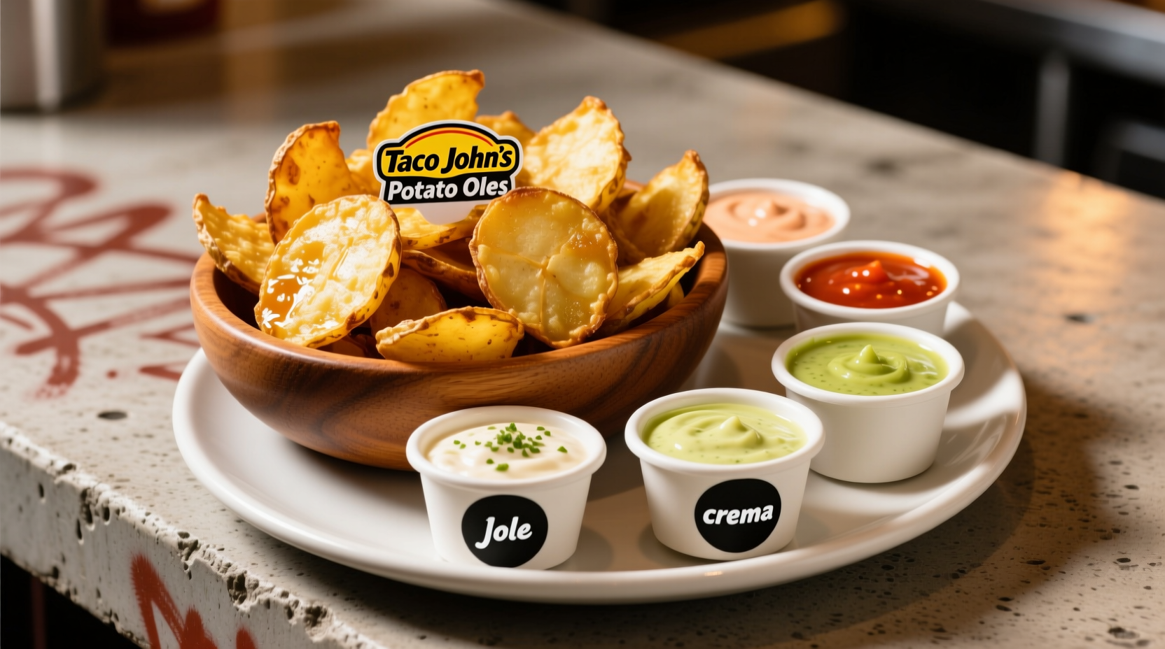 Crispy Taco John's Potato Oles served with dipping sauces