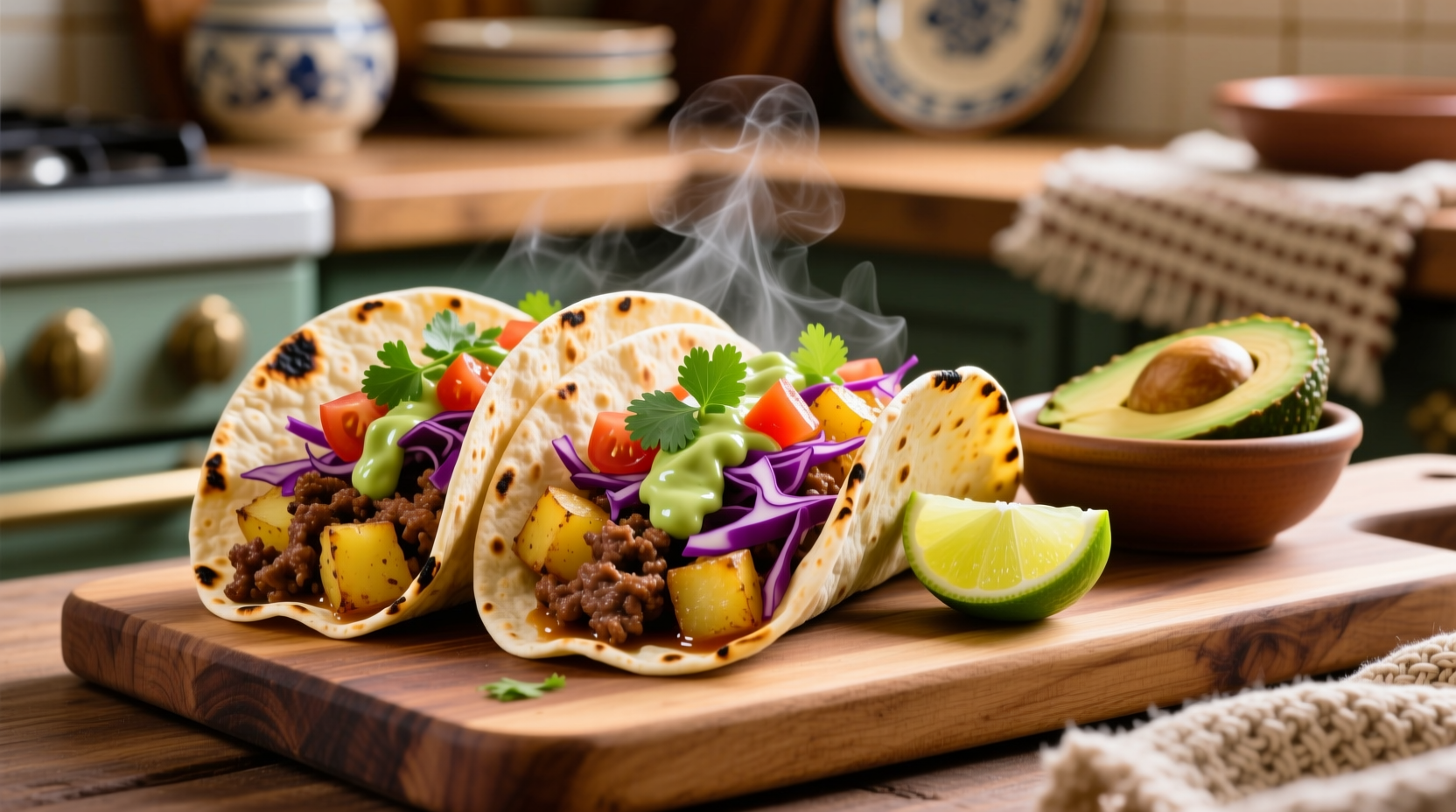 Crispy ground beef and potato tacos with fresh toppings