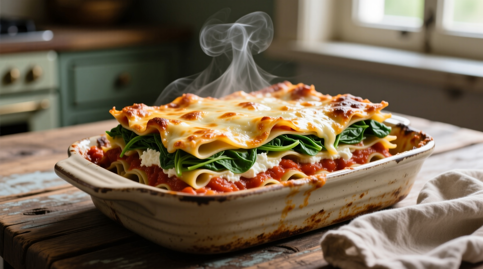 Perfectly layered spinach lasagna with melted cheese