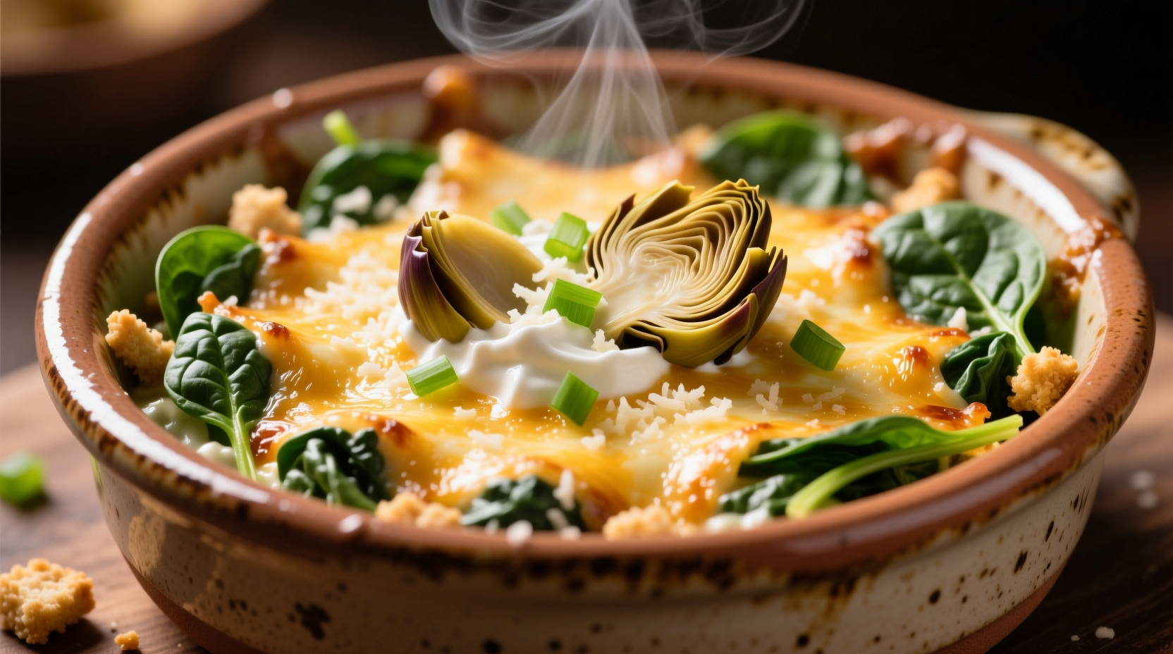 Golden hot spinach and artichoke dip in ceramic dish