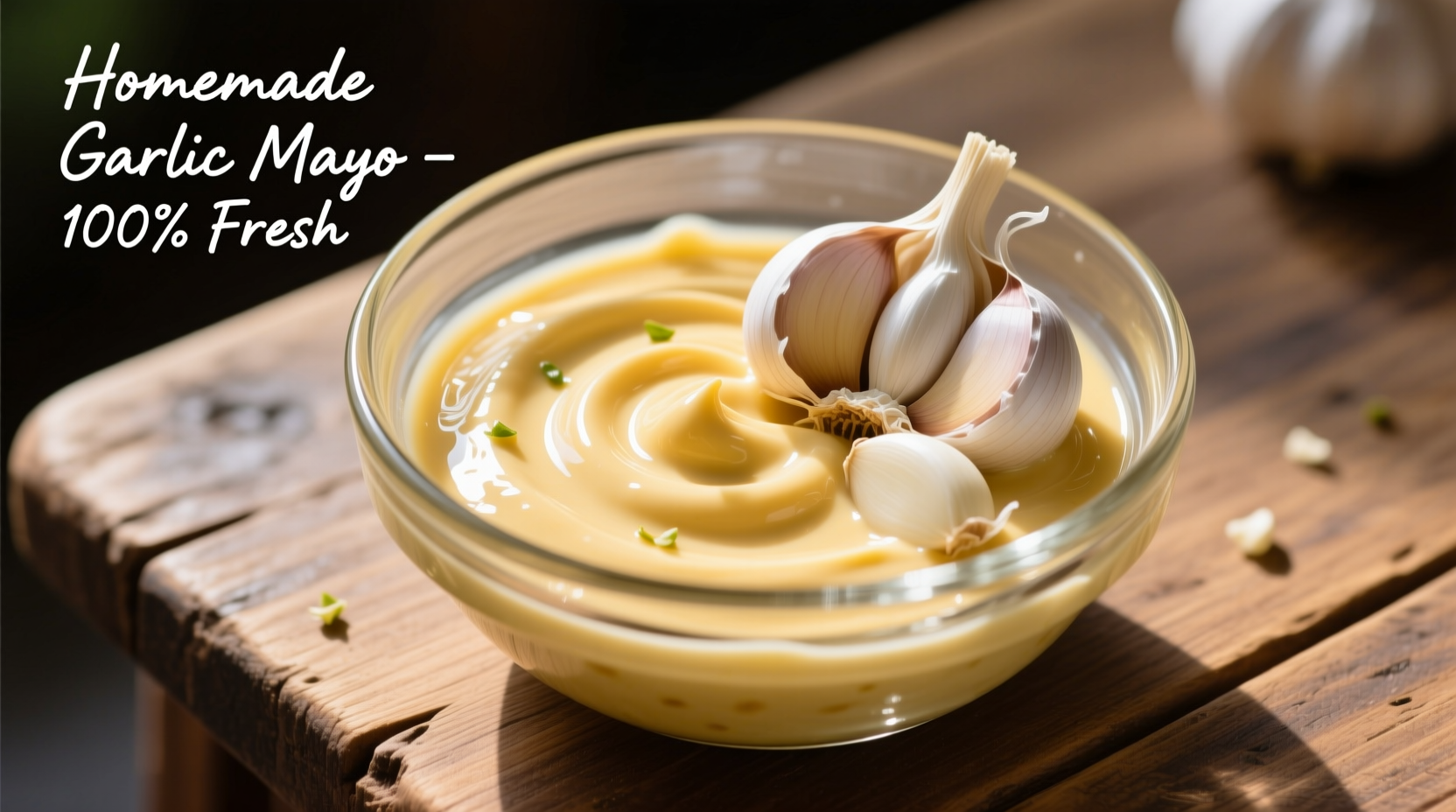 Homemade garlic mayo in glass bowl with garlic cloves