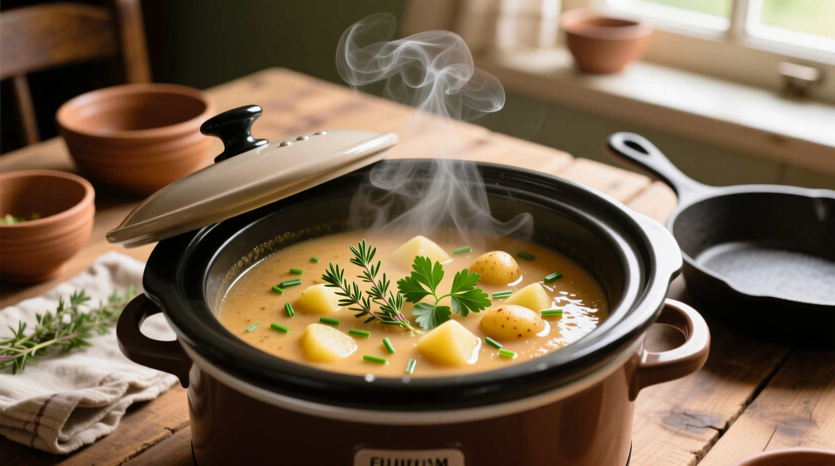 Creamy potato soup in crock pot with fresh herbs