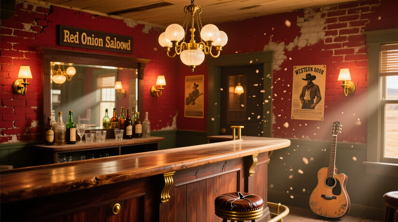Red Onion Saloon interior with exposed brick and warm lighting