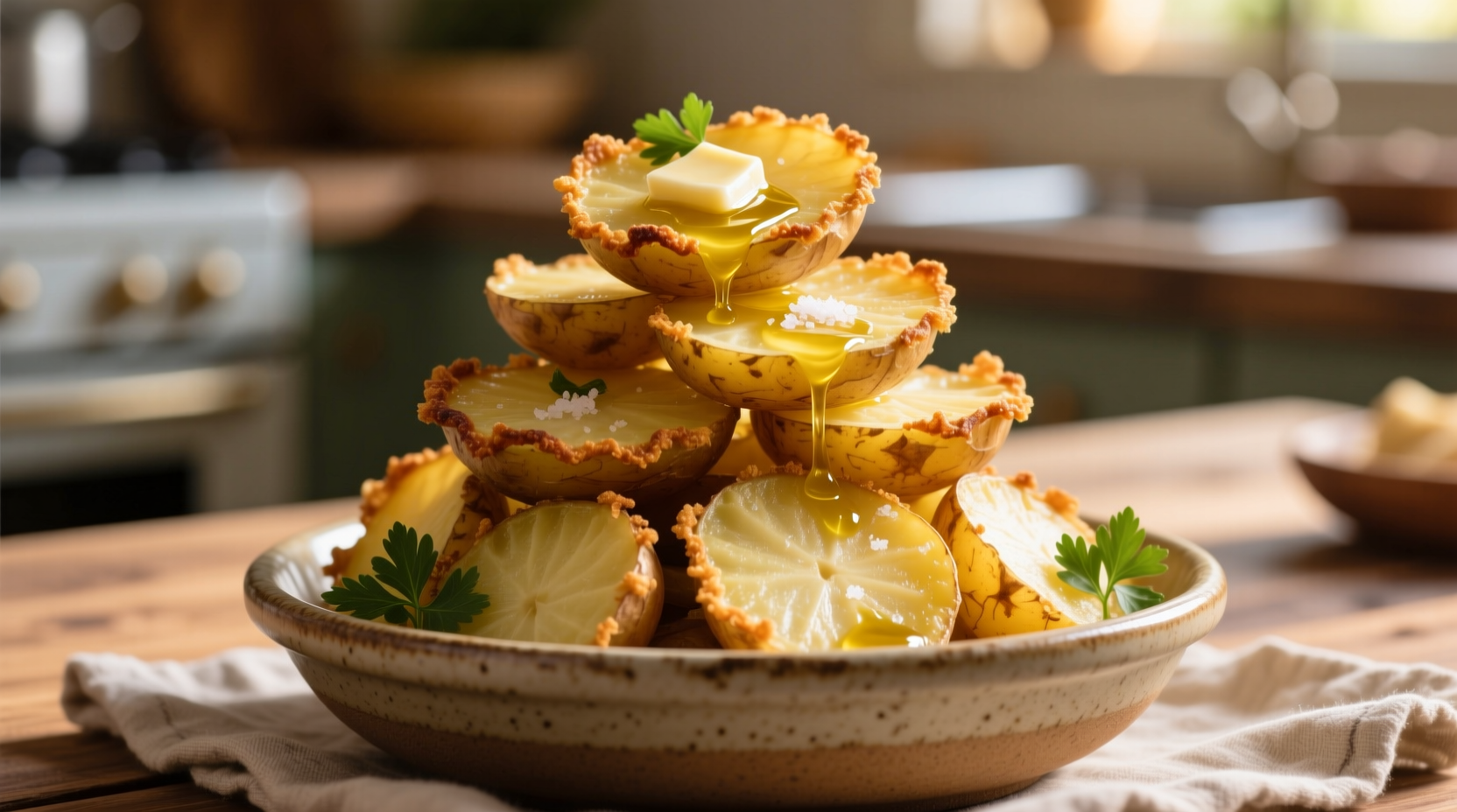 Golden garlic potato stacks with crispy edges