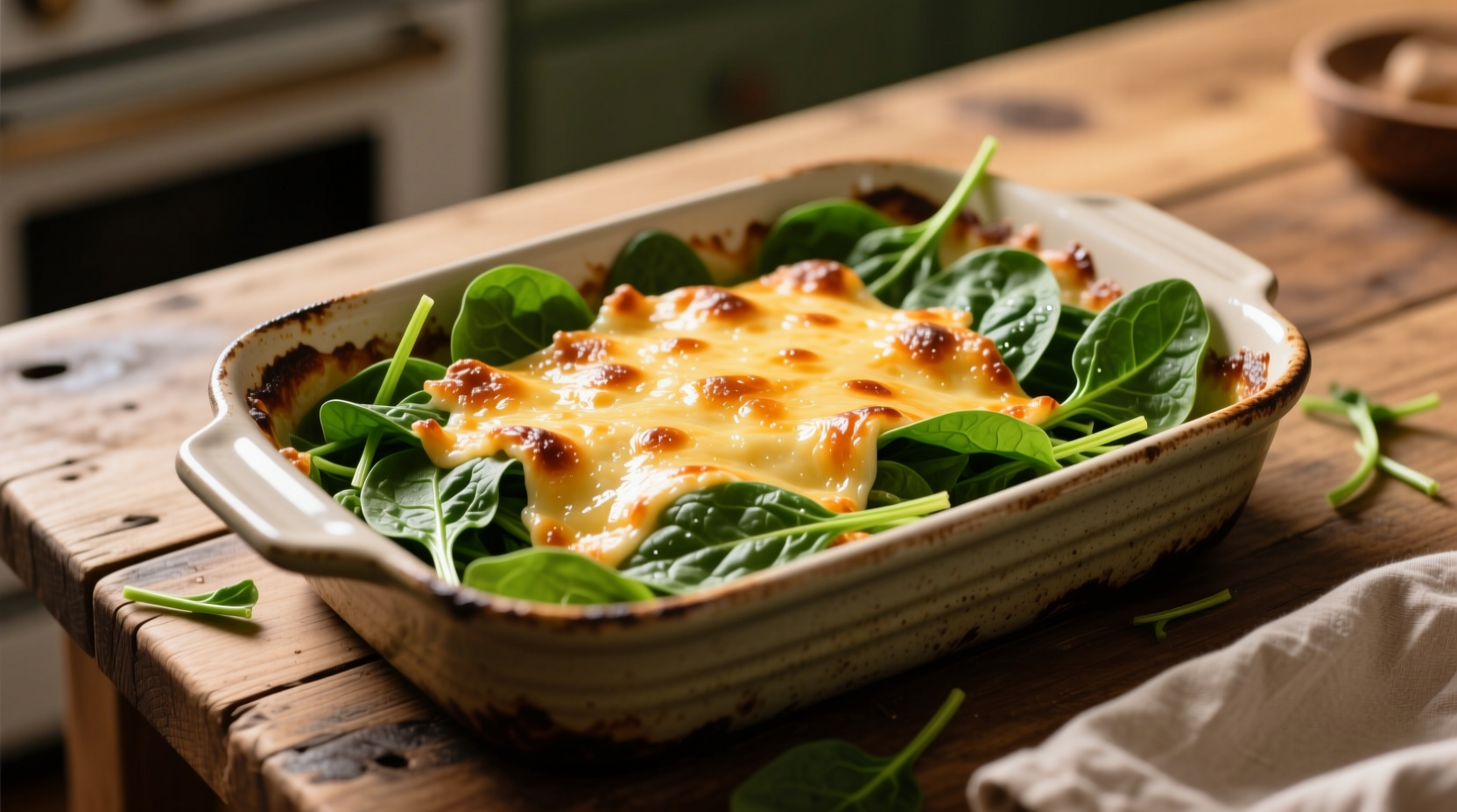 Fresh spinach in ceramic baking dish with cheese topping