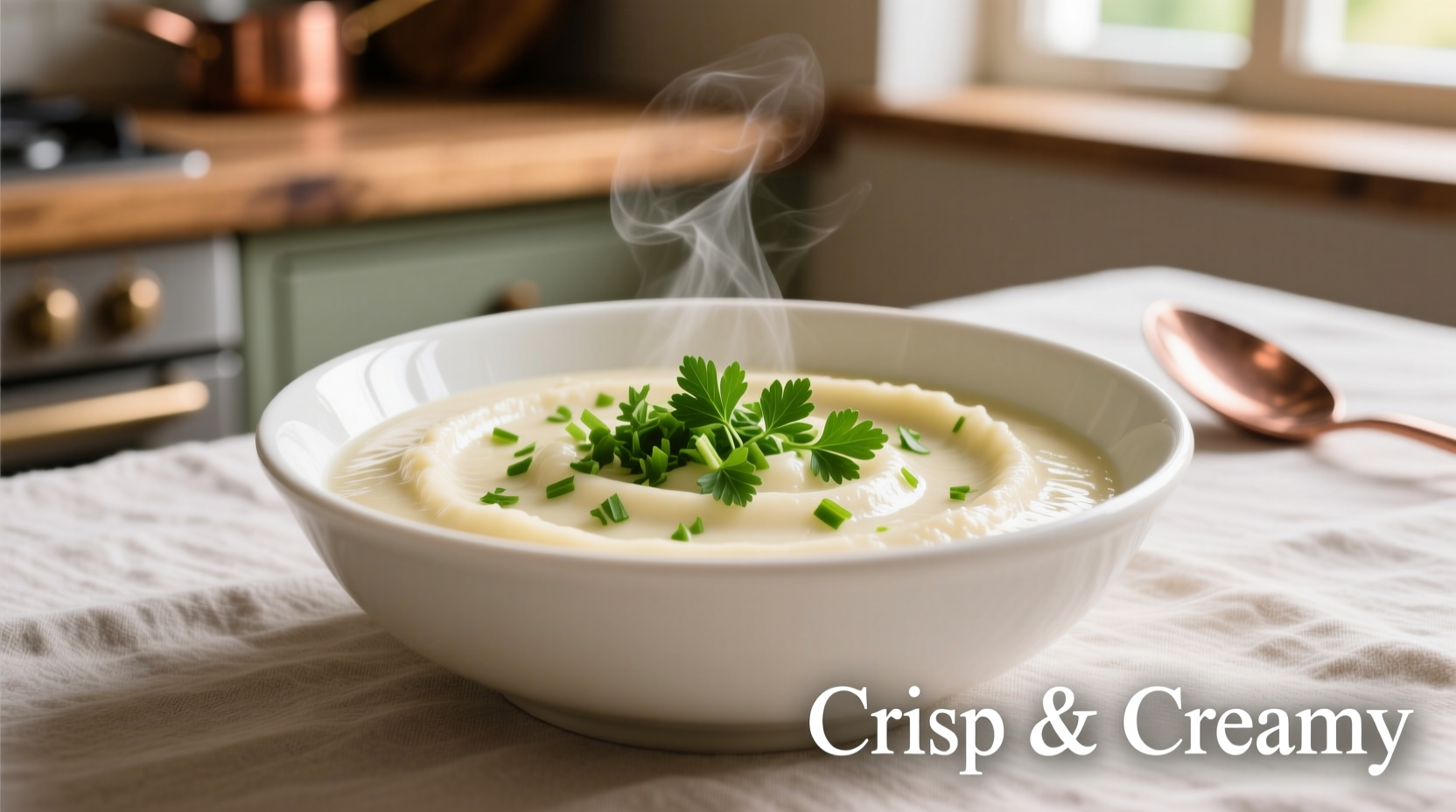 Creamy celery root puree in white bowl with fresh parsley