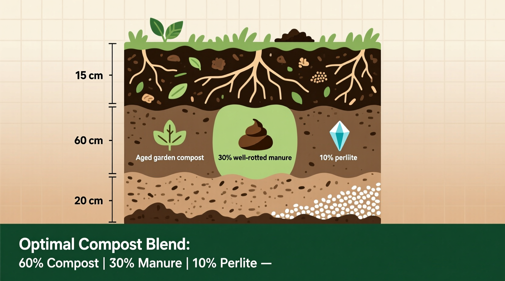 Soil layer diagram showing optimal compost ratios for garden beds