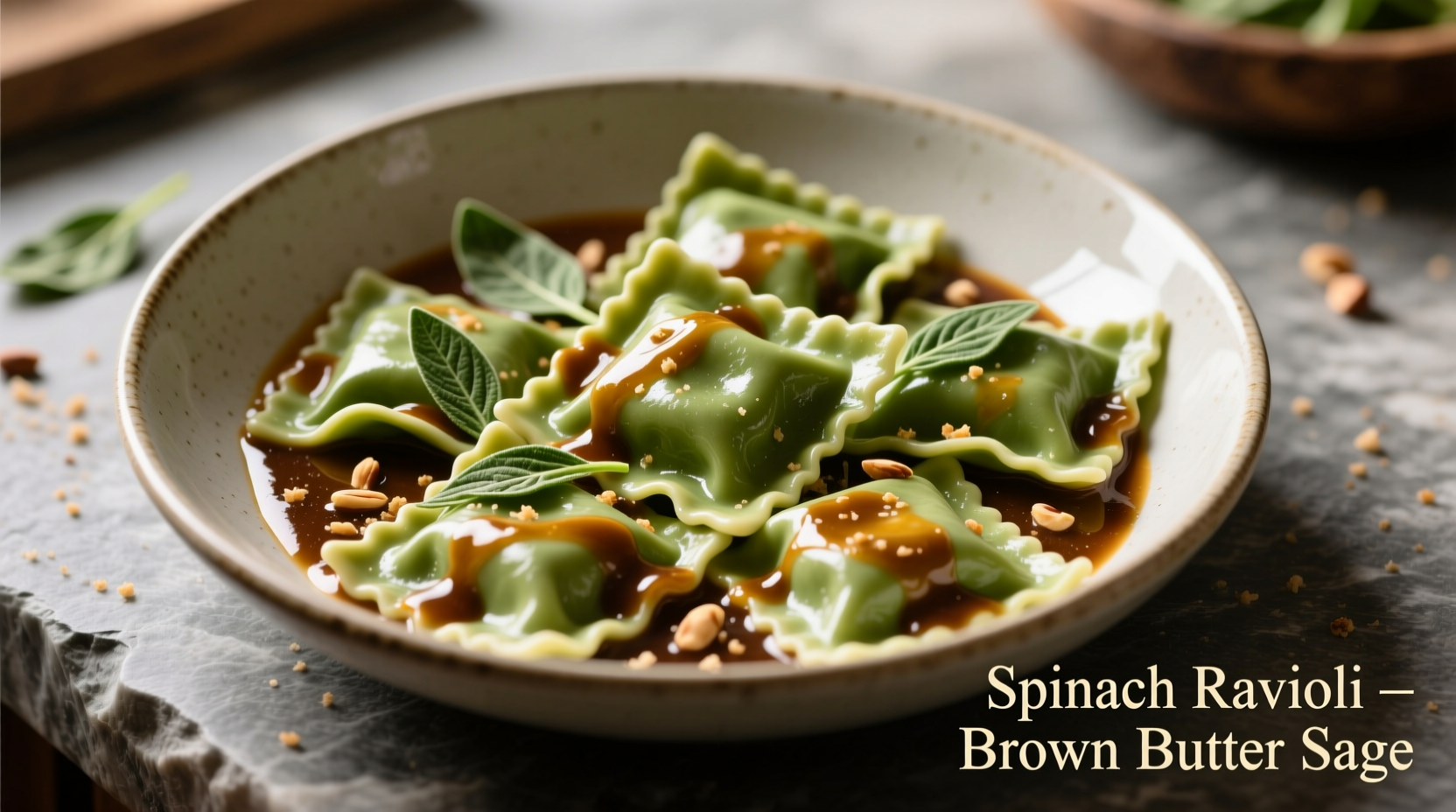 Spinach ravioli with brown butter sage sauce