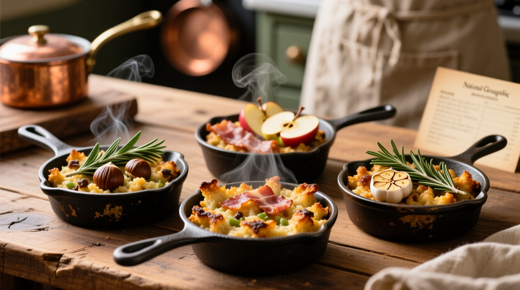 Three homemade stuffing variations in mini cast iron pans