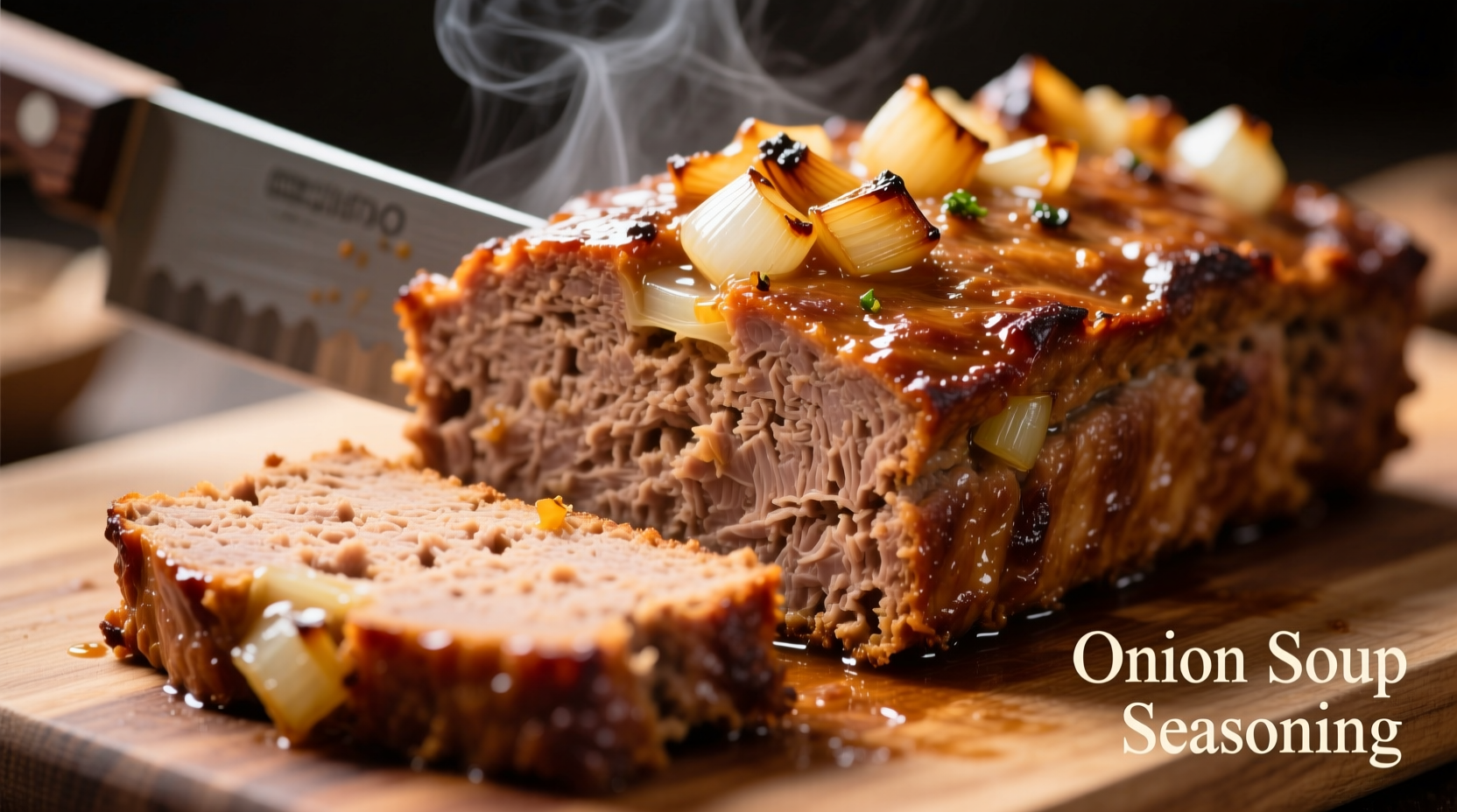 Moist meatloaf slice with onion soup seasoning