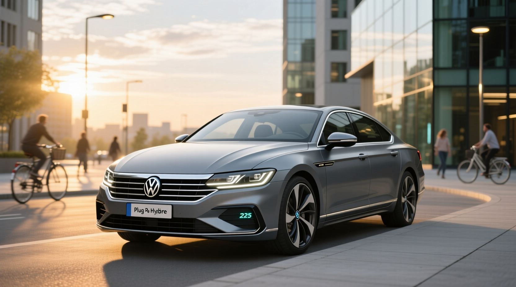 2025 Volkswagen Passat eHybrid front three-quarter view showing sleek wagon profile and LED lighting