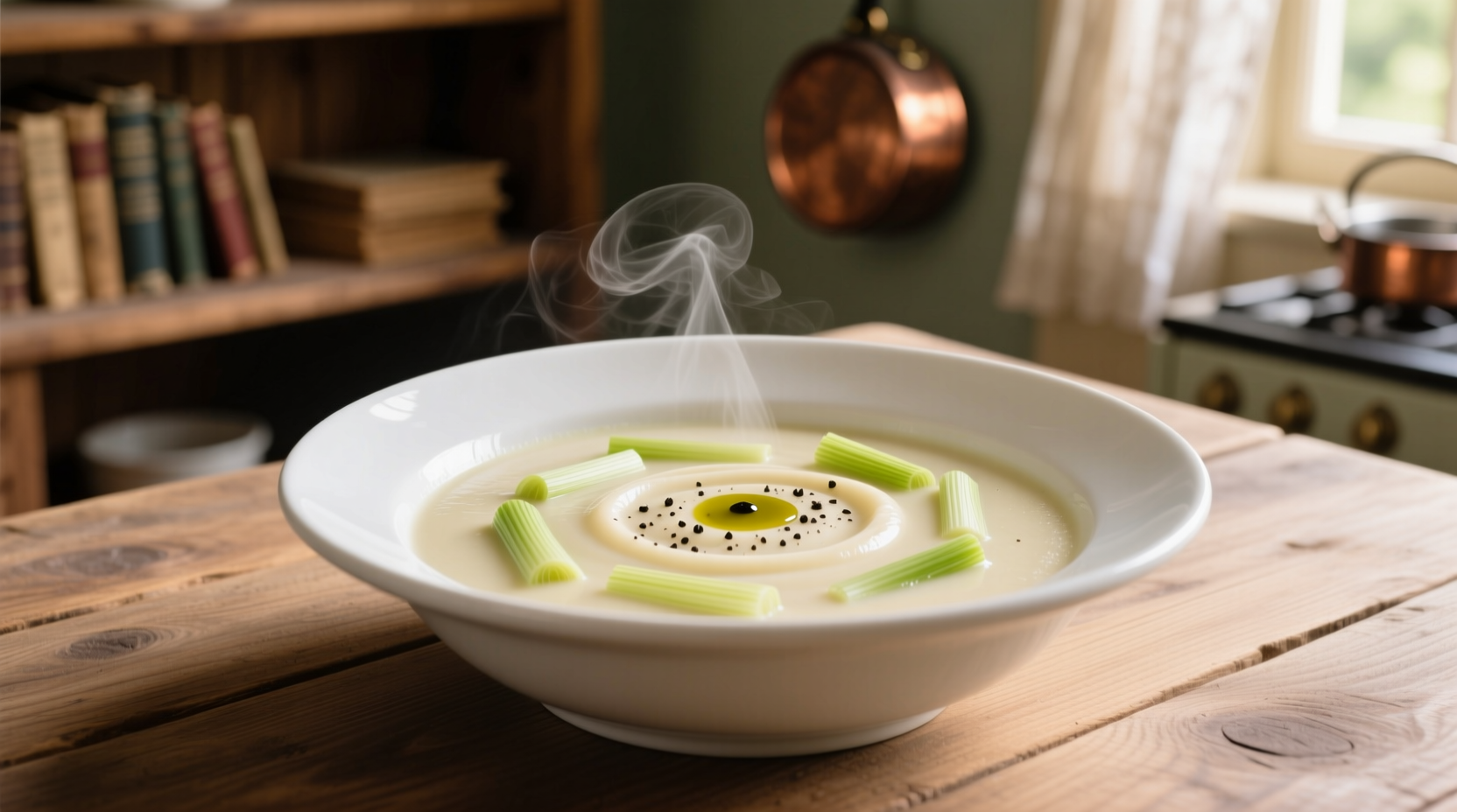 Creamy potato and leek soup in white bowl