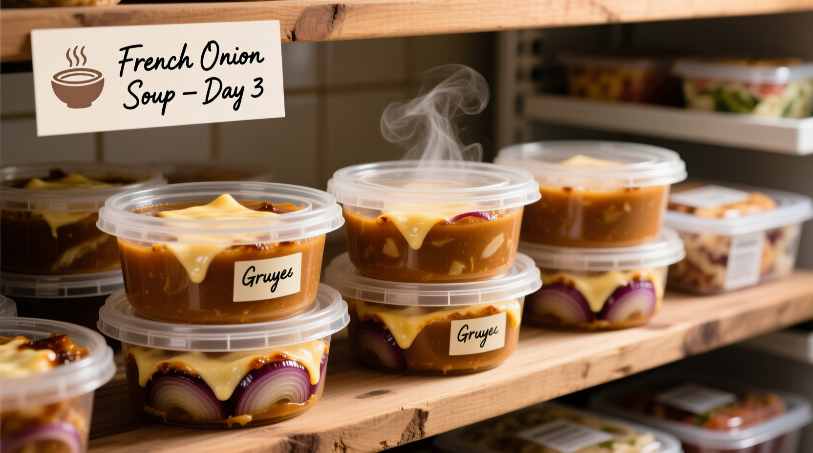 French onion soup in freezer containers with labels