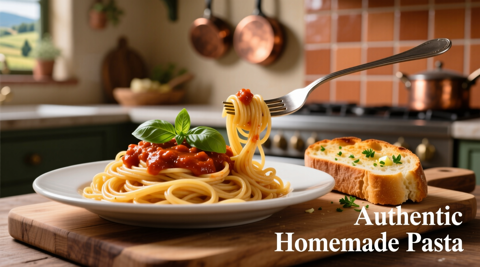 Perfectly cooked spaghetti with garlic bread on plate