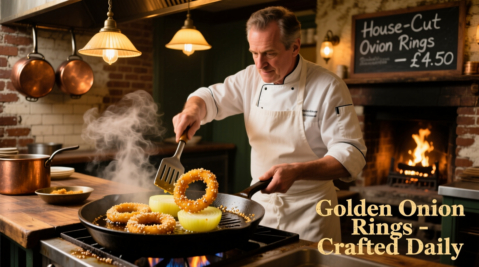 Chef preparing golden onion rings in a traditional pub kitchen