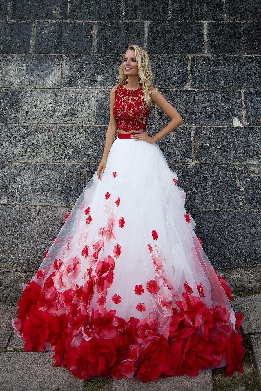 Red and White Wedding Dress Two Piece Fashion Brautkleid