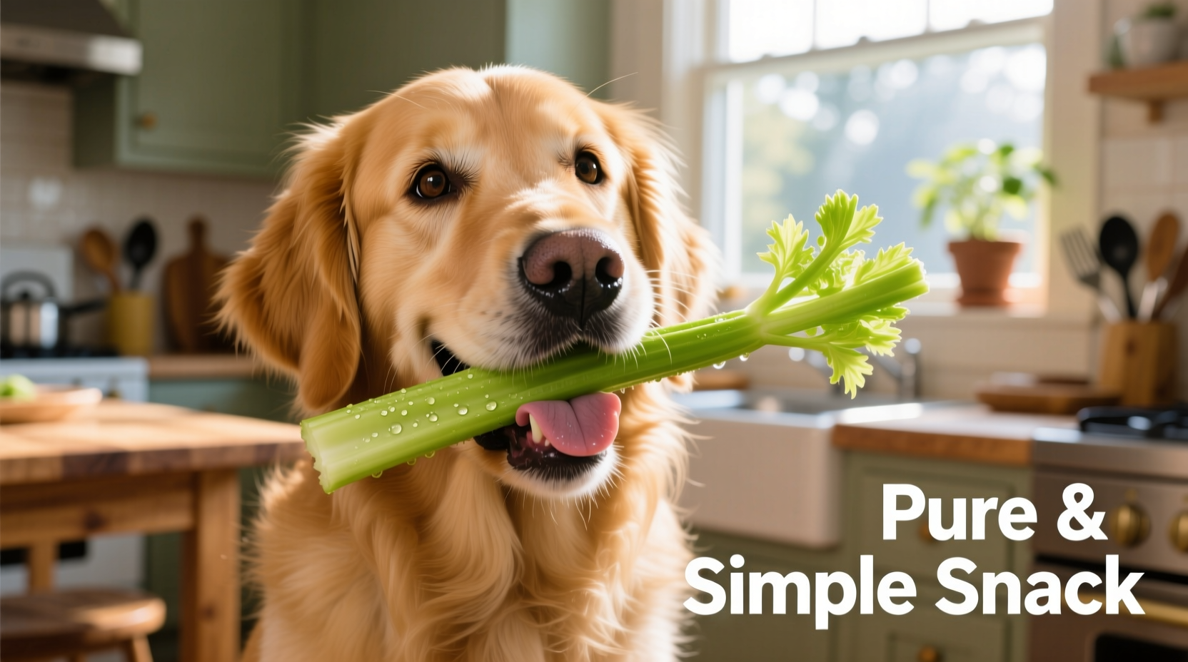 Golden retriever eating celery stick
