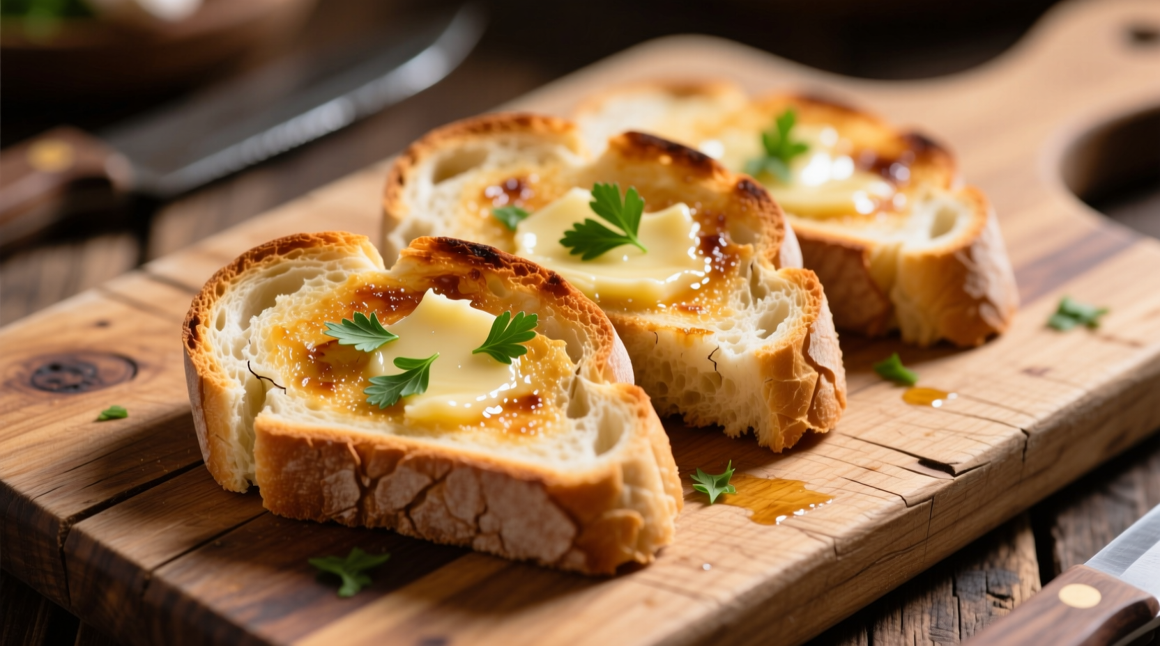 Homemade garlic toast on wooden cutting board