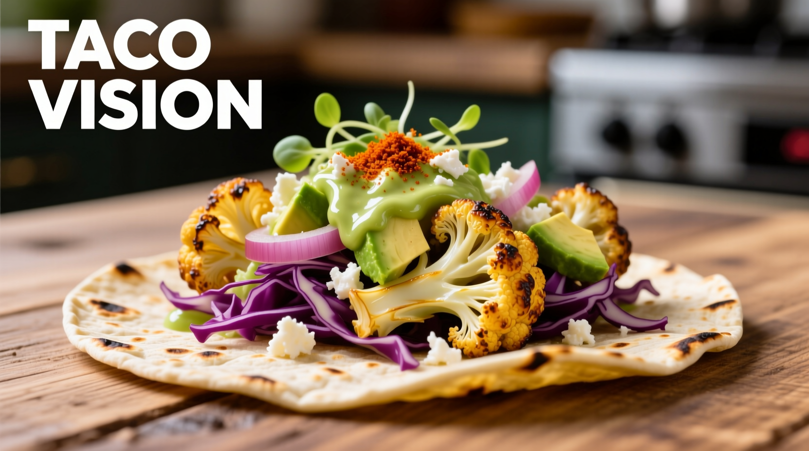 Golden roasted cauliflower taco with fresh toppings