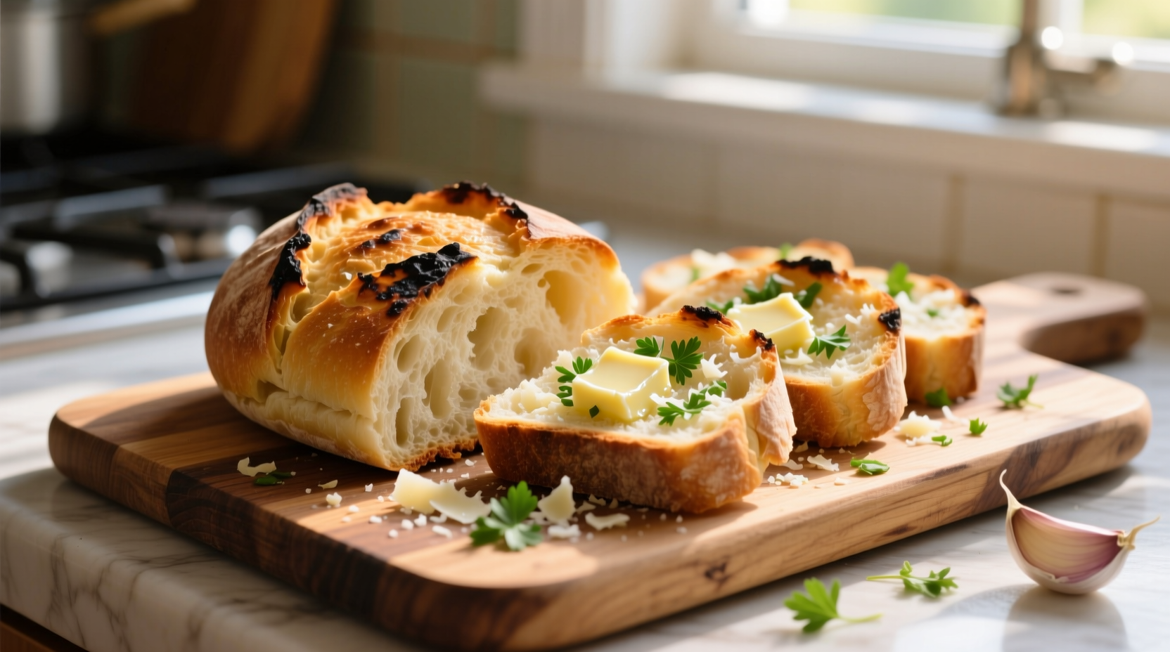 Freshly baked homemade garlic bread on wooden board