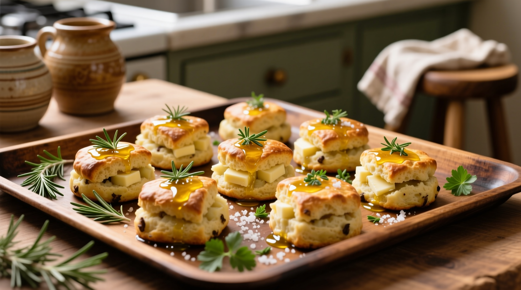 Golden potato scones on baking sheet with herbs