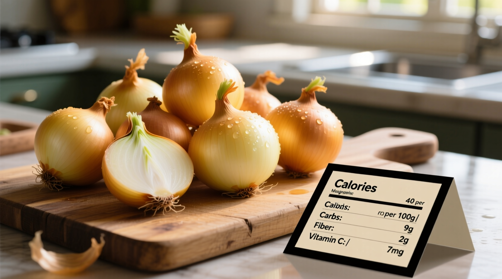 Fresh yellow onions with nutritional information chart