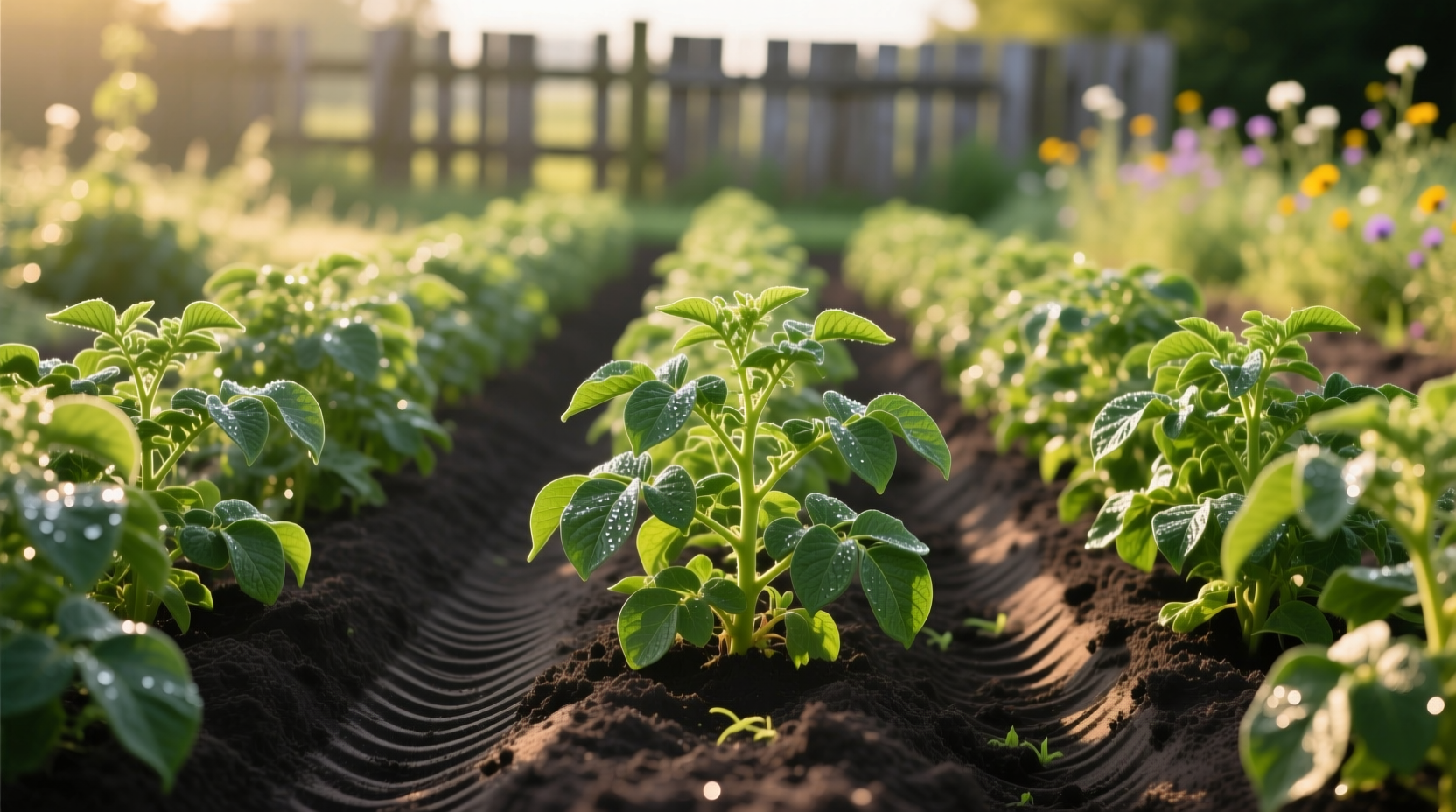 Properly spaced potato plants in garden row