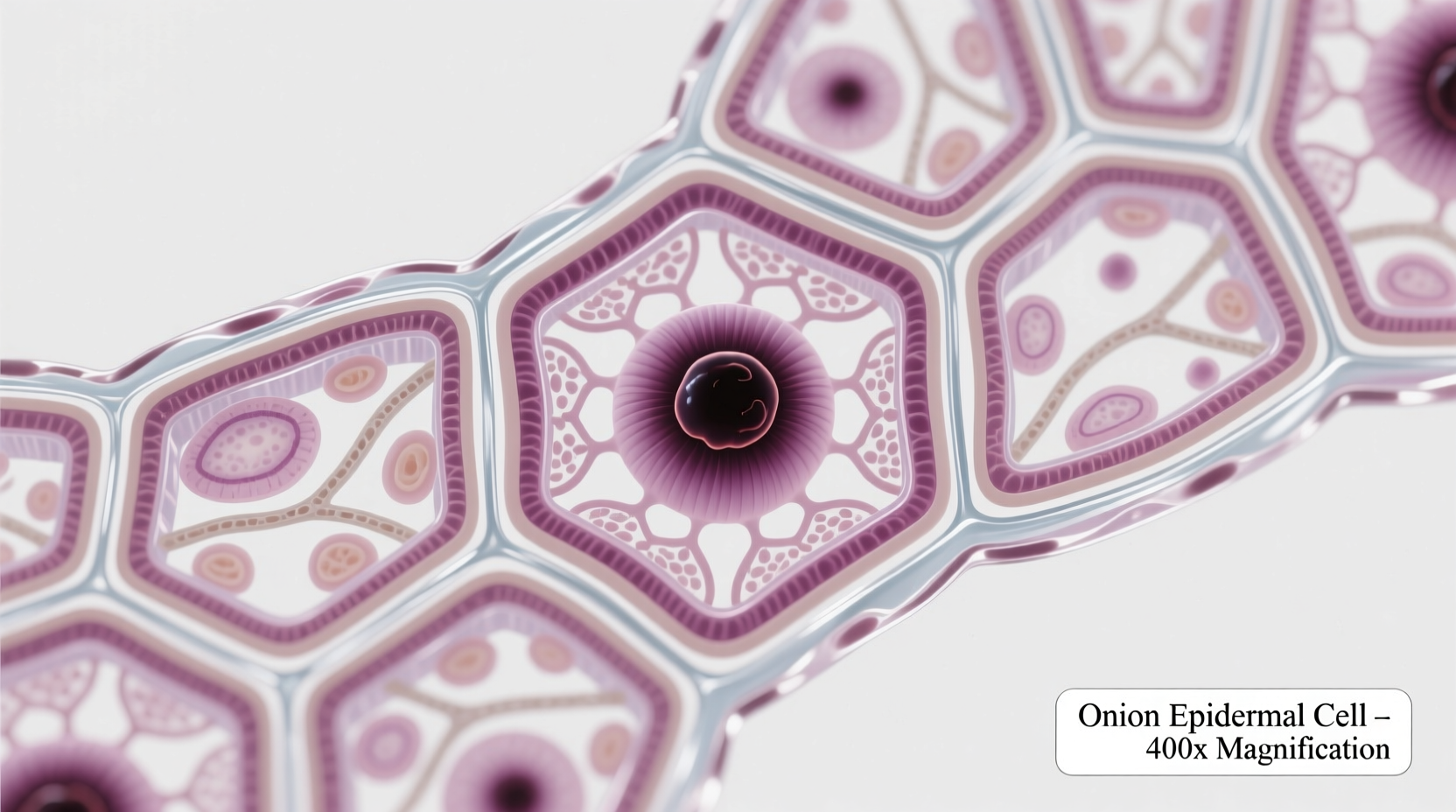 Onion epidermal cells showing clear cell walls and nucleus