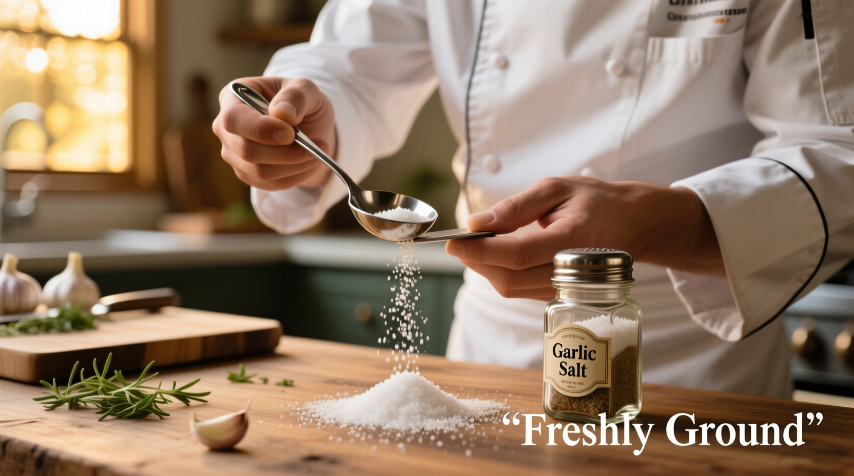 Chef measuring garlic salt in a spoon