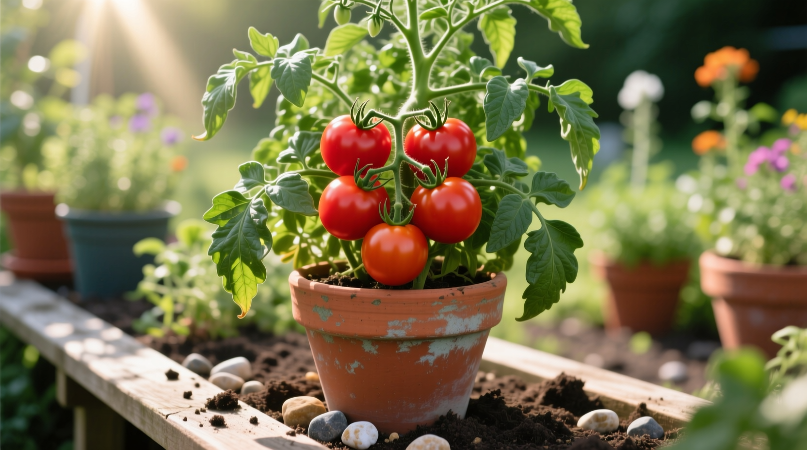 Determinate tomato plant with ripe fruit in container garden