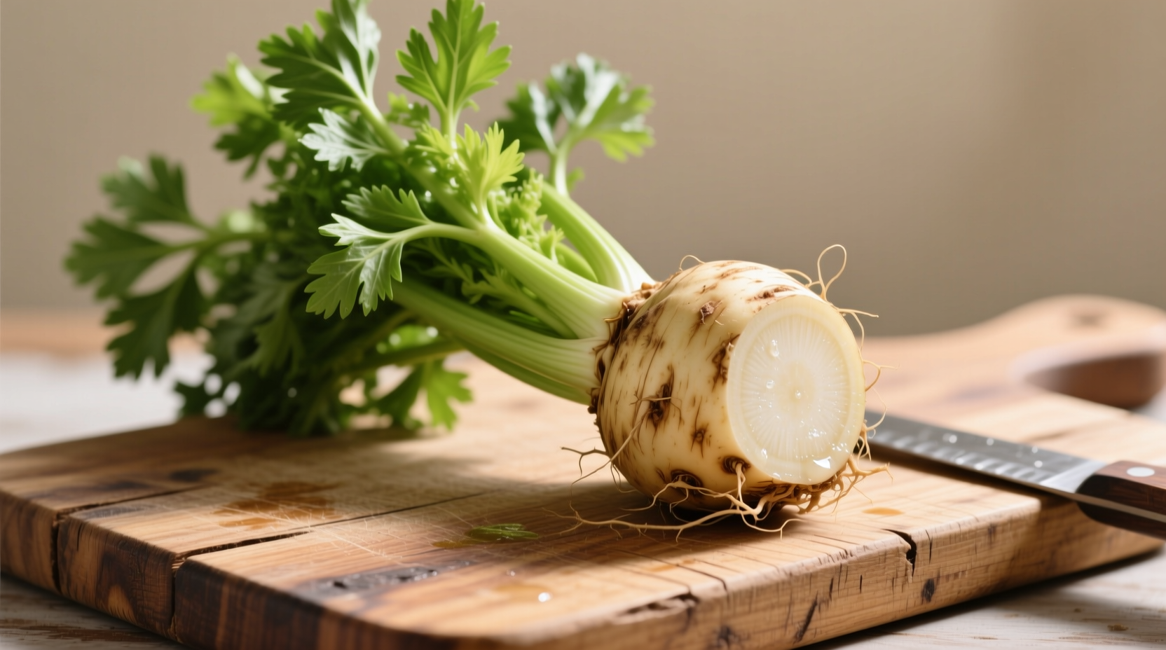 Fresh celery root with leaves on wooden cutting board