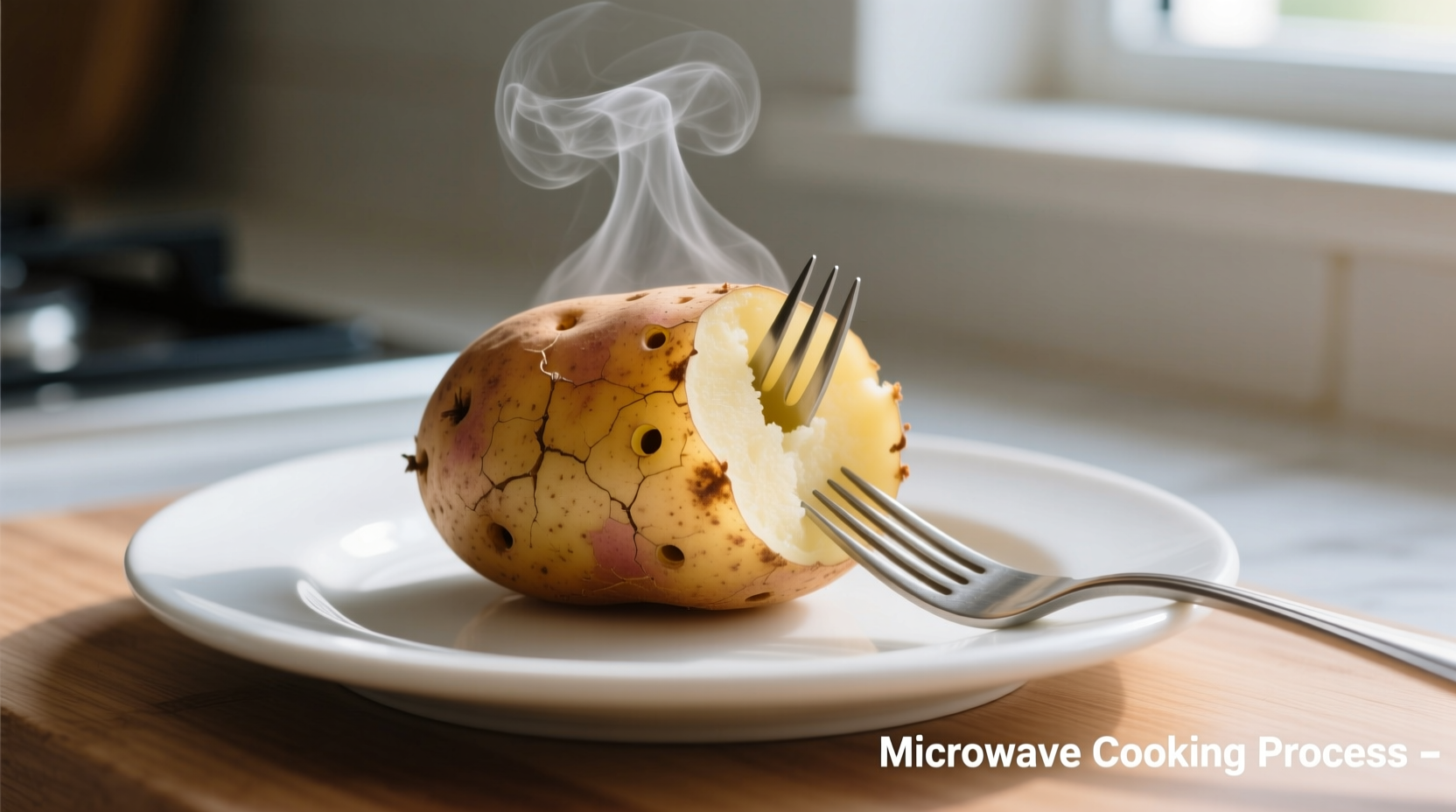 Microwave potato cooking process showing pierced potato on plate