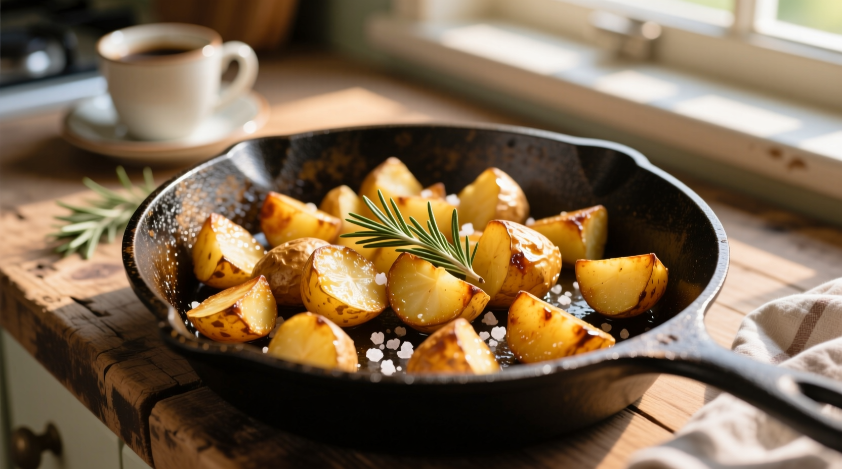Golden crispy breakfast potatoes in cast iron skillet