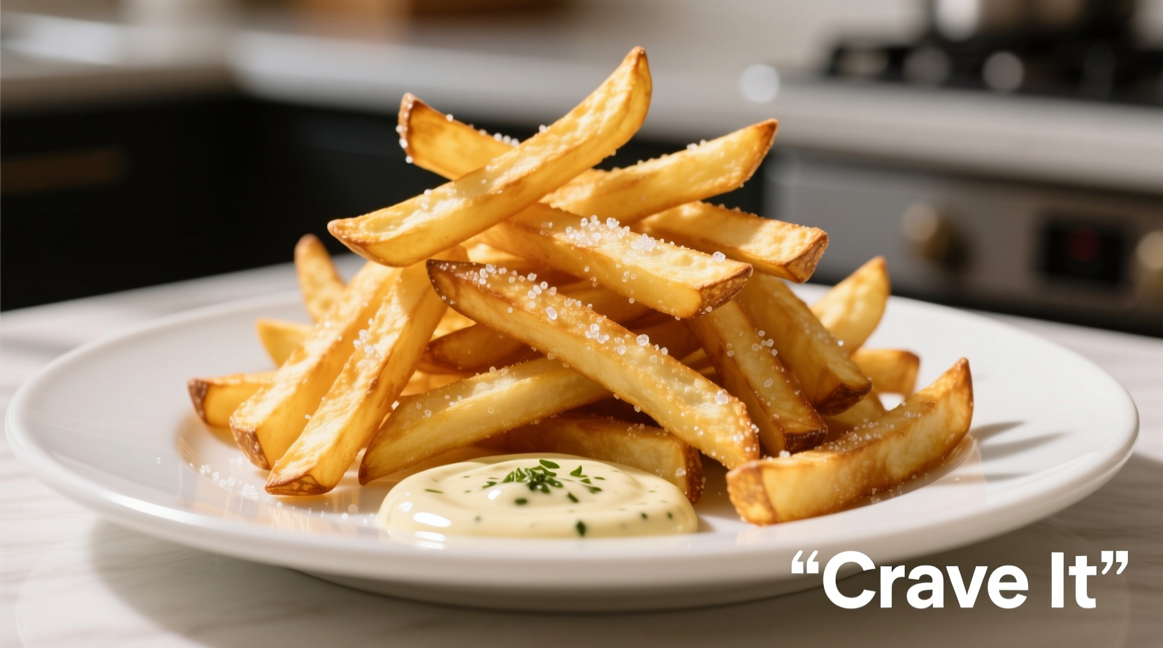 Golden crispy potato fries on white plate with dipping sauce