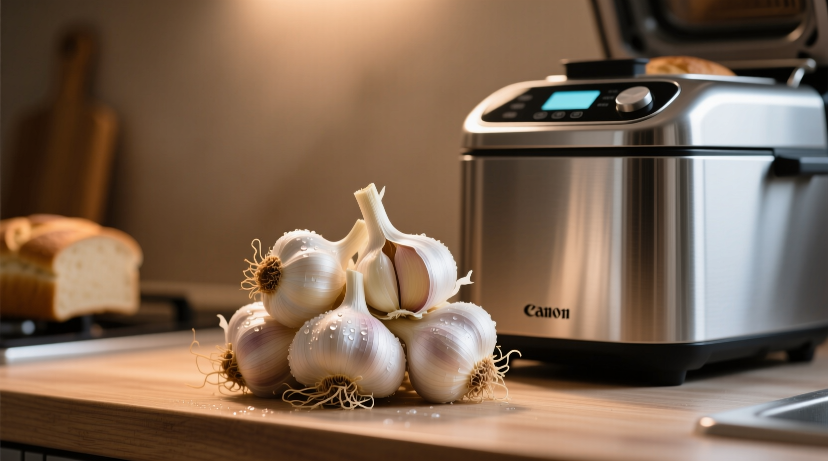 Fresh garlic cloves next to bread maker