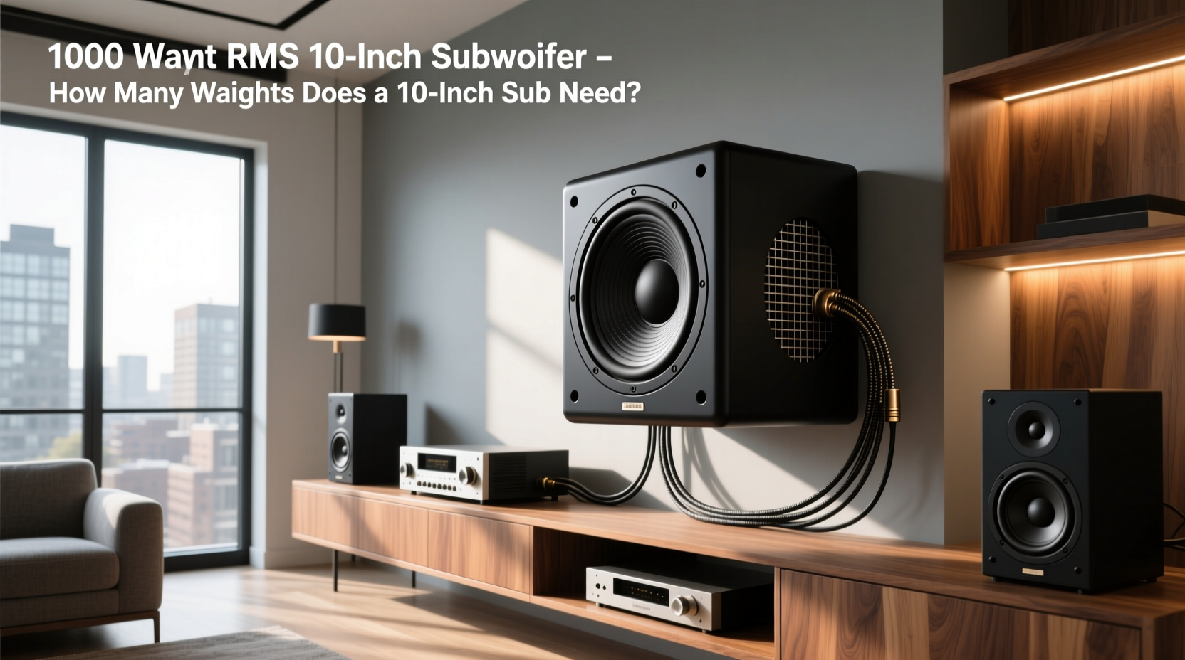 Dual 10-inch subwoofers mounted in a shared ported enclosure with amplifier nearby