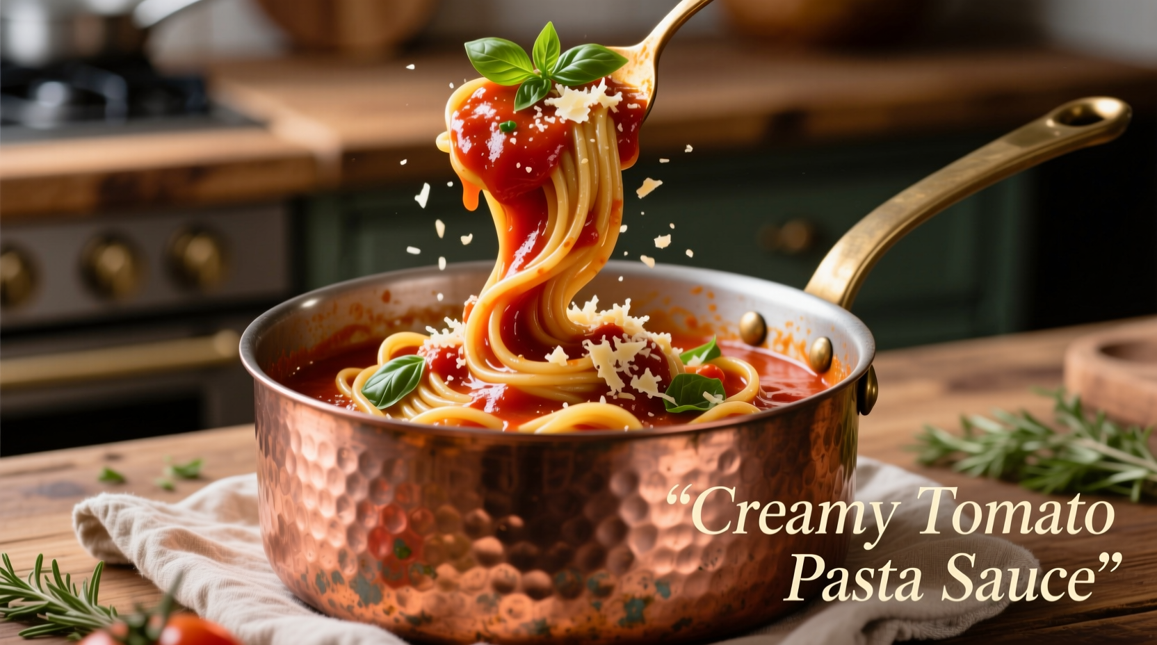 Creamy tomato pasta sauce in copper pot