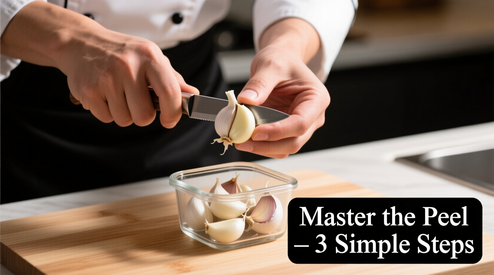 Chef demonstrating garlic peeling technique with container