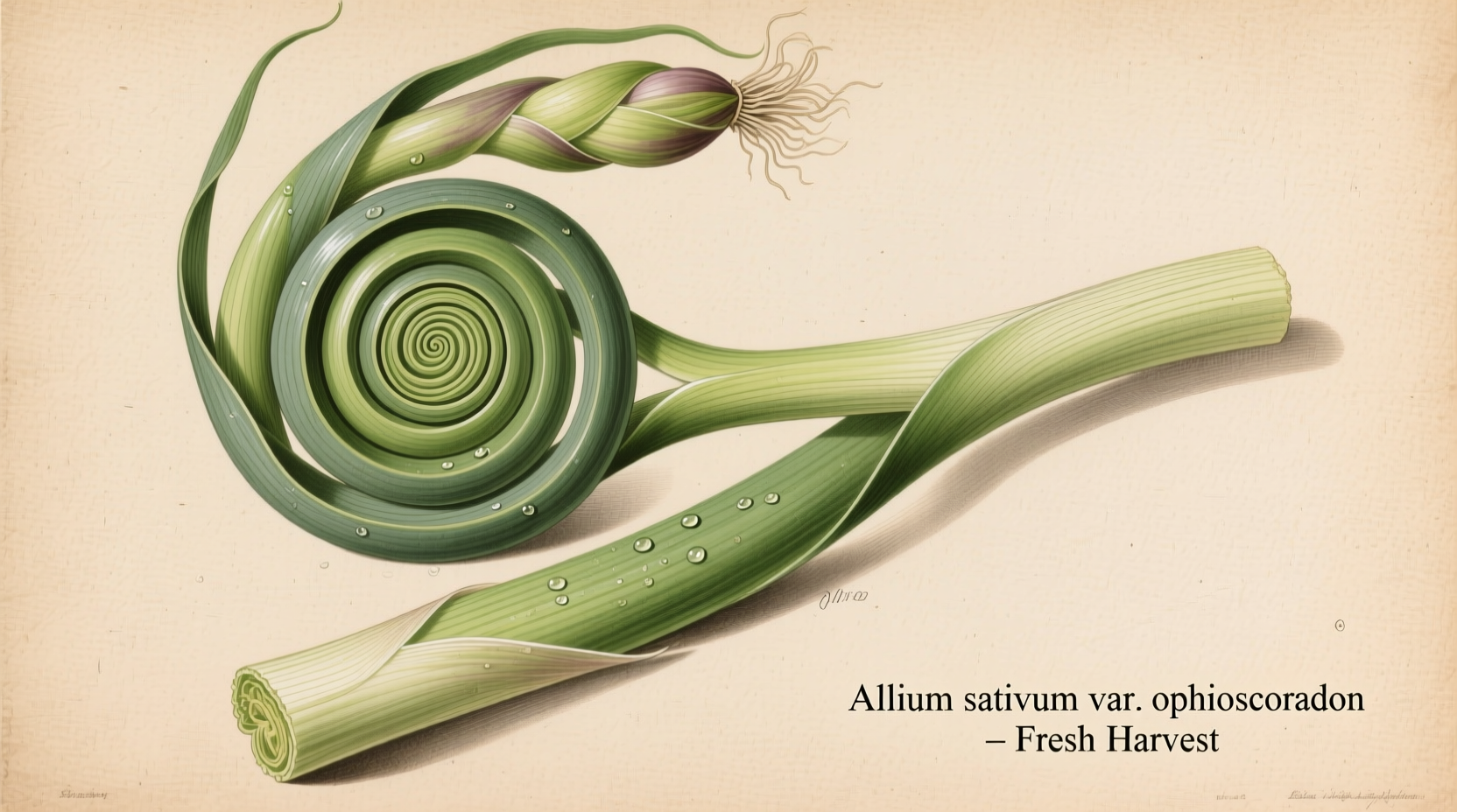 Freshly harvested garlic scapes with visible curl formation