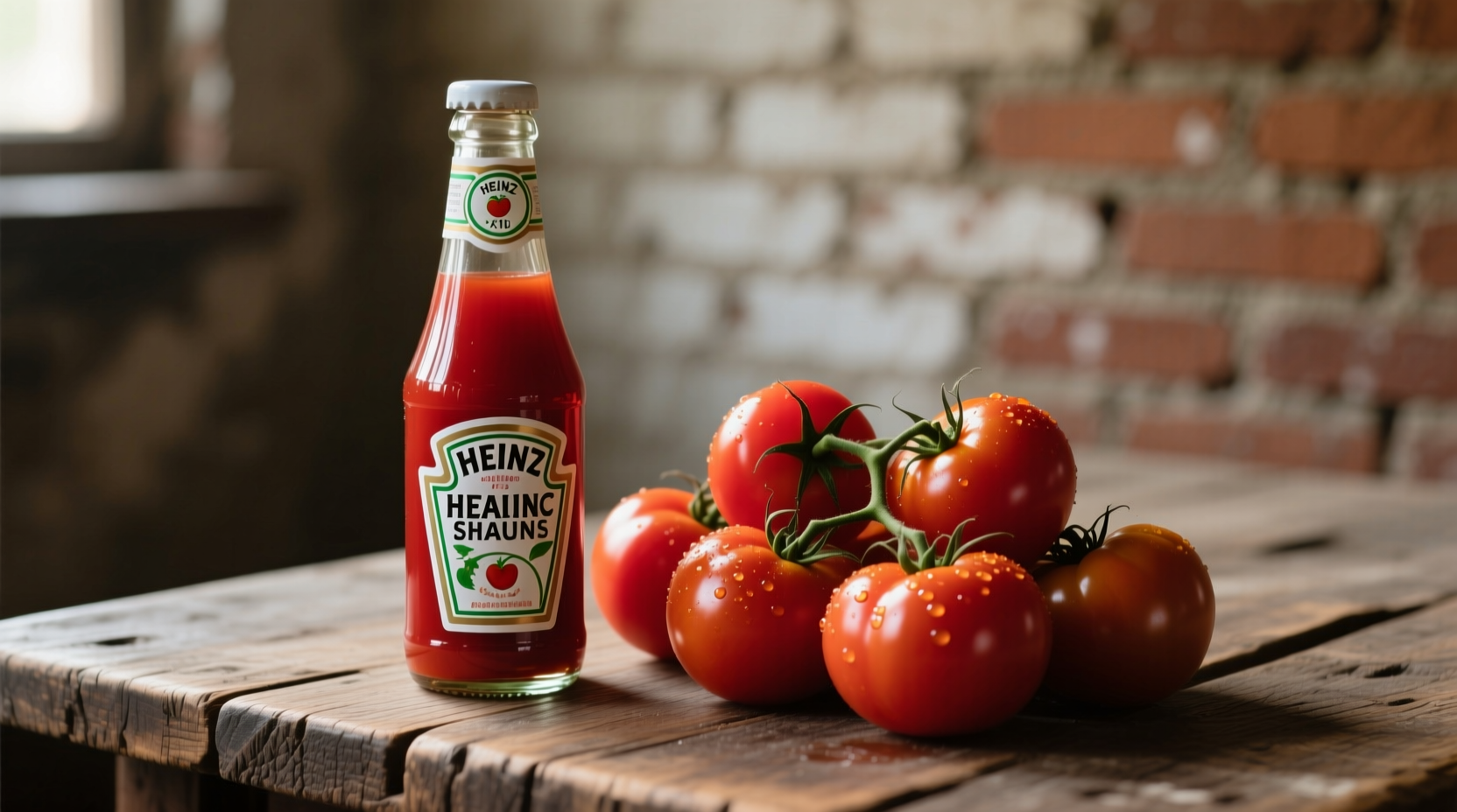 Heinz ketchup bottle next to fresh tomatoes