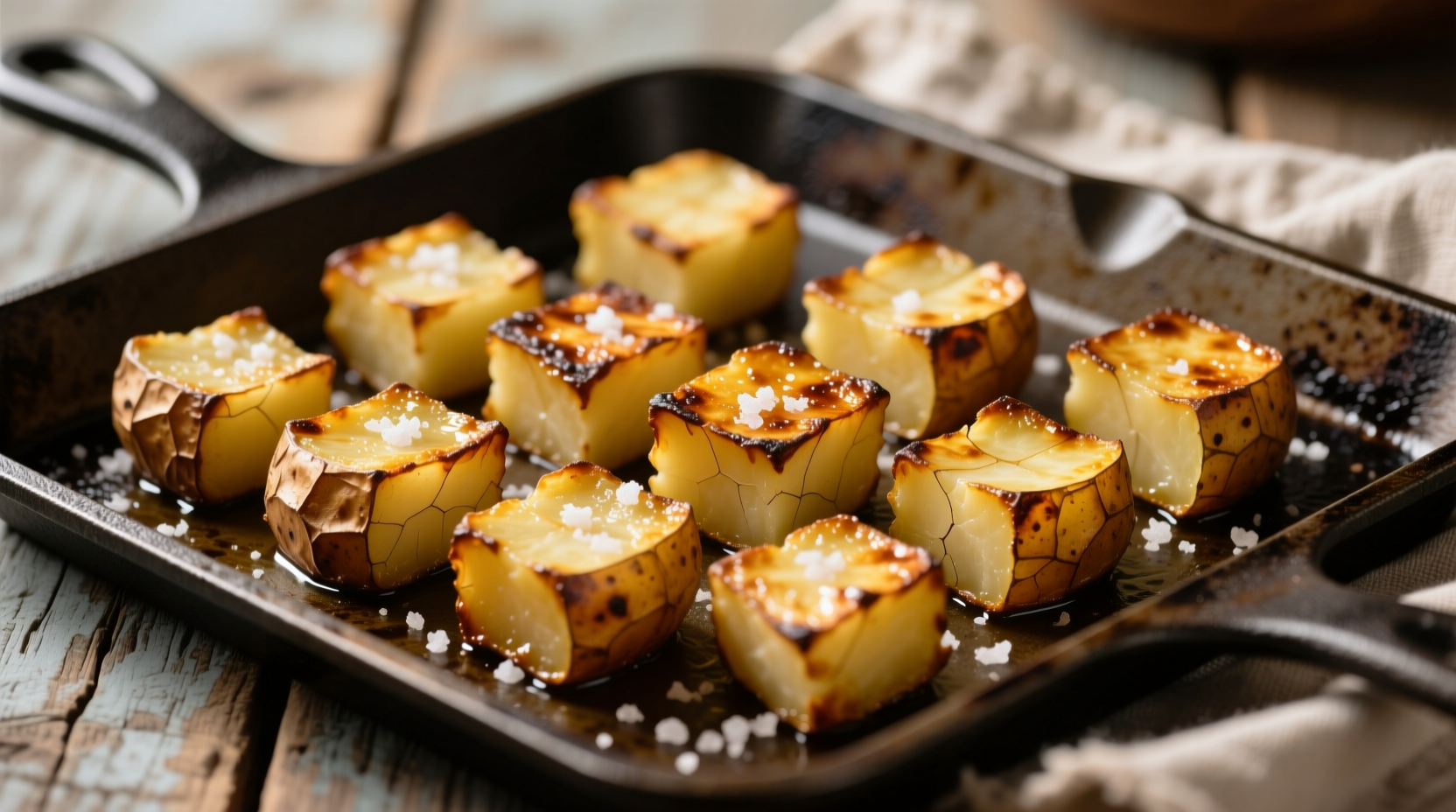Golden brown potato squares with crispy edges on baking sheet