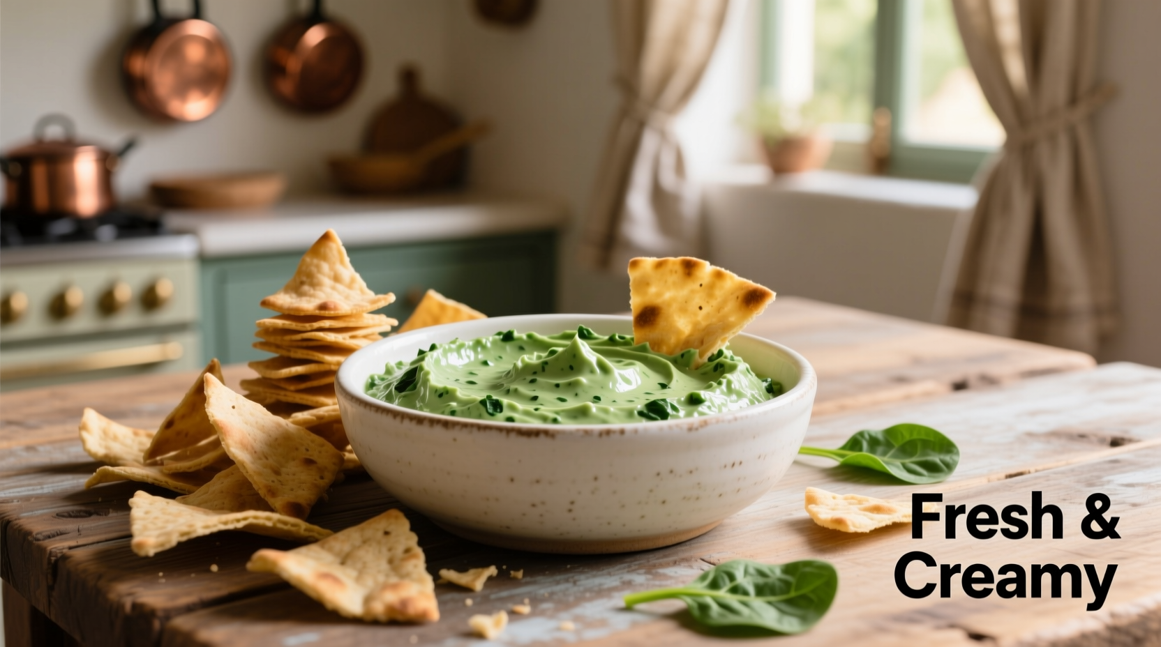 Creamy cold spinach dip in white bowl with pita chips