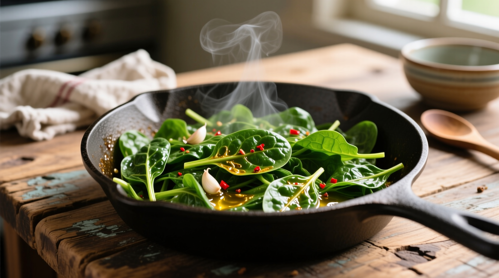 Fresh sautéed spinach in cast iron skillet