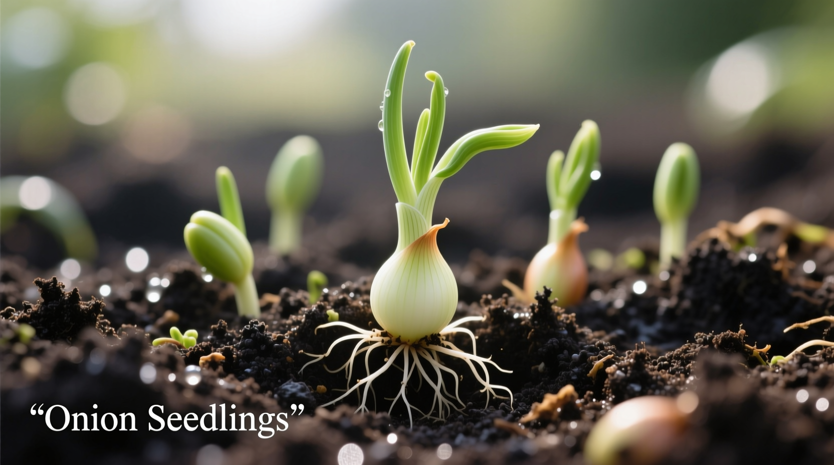 Onion seedlings growing in garden soil