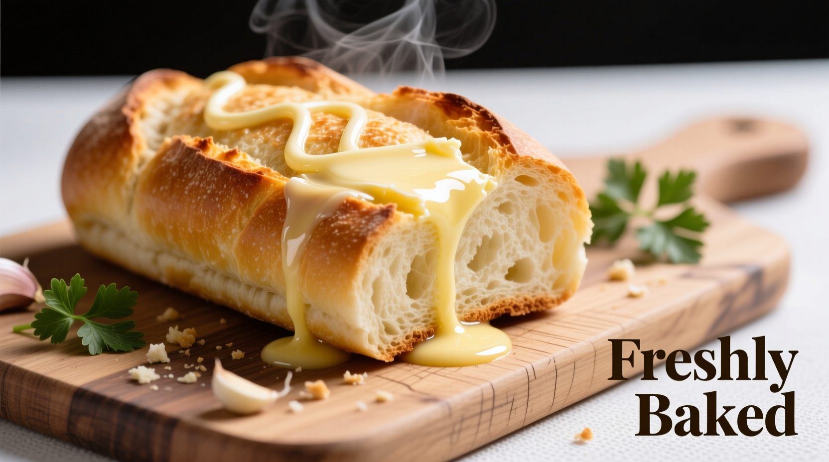 Perfectly baked golden garlic bread with melted butter