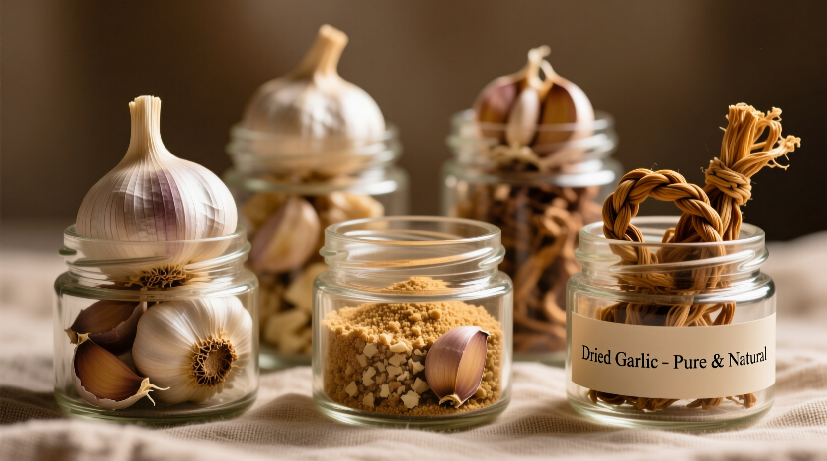 Close-up of various dried garlic forms in glass jars