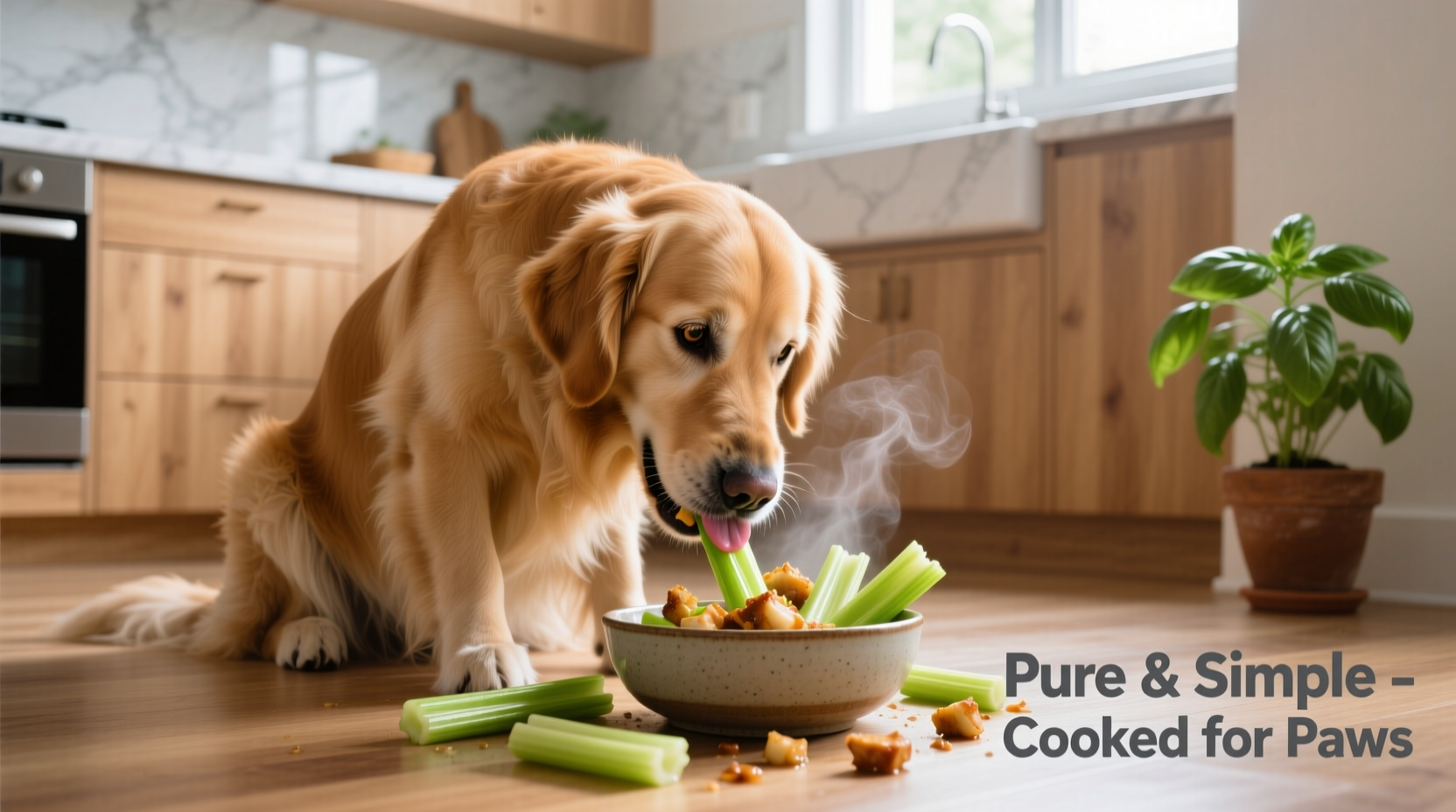 Golden retriever eating cooked celery pieces