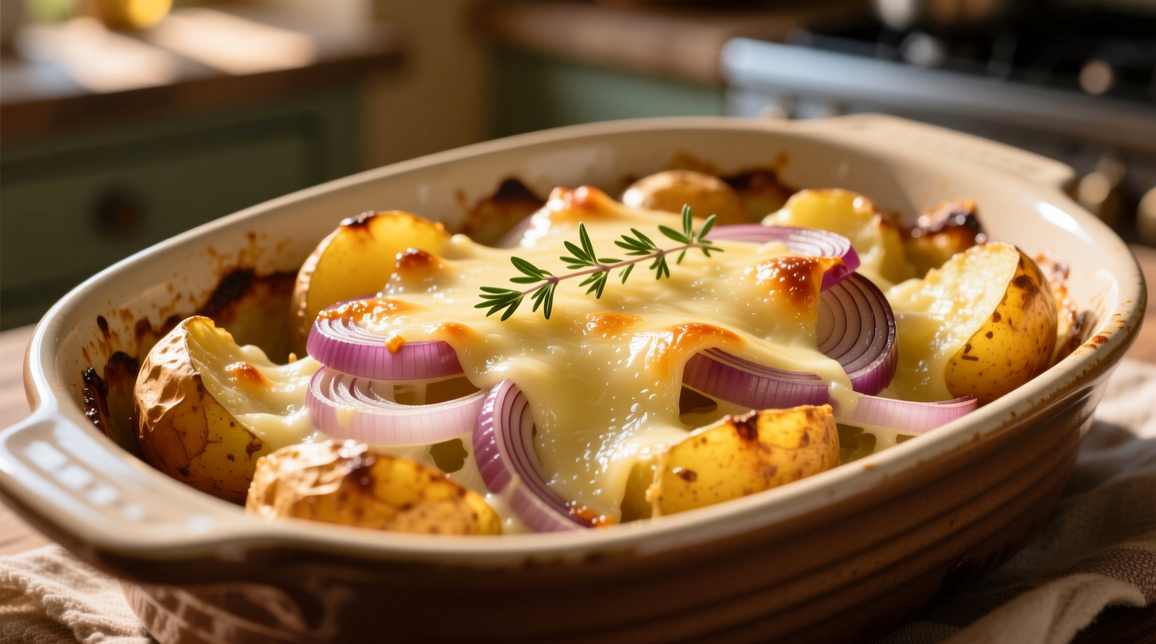 Golden French onion potatoes in baking dish with melted cheese topping
